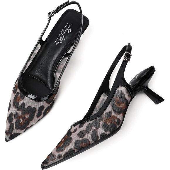 Mostrin Kitten Heels Leopard Mesh Low Slingback Heels with Buckle Dress Shoes - Picture 6 of 9